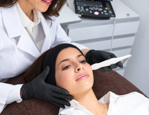 La Dra. Eva García Hervías realizando una ecografía cutánea facial a una paciente, con la sonda sobre la mejilla y la imagen en el monitor